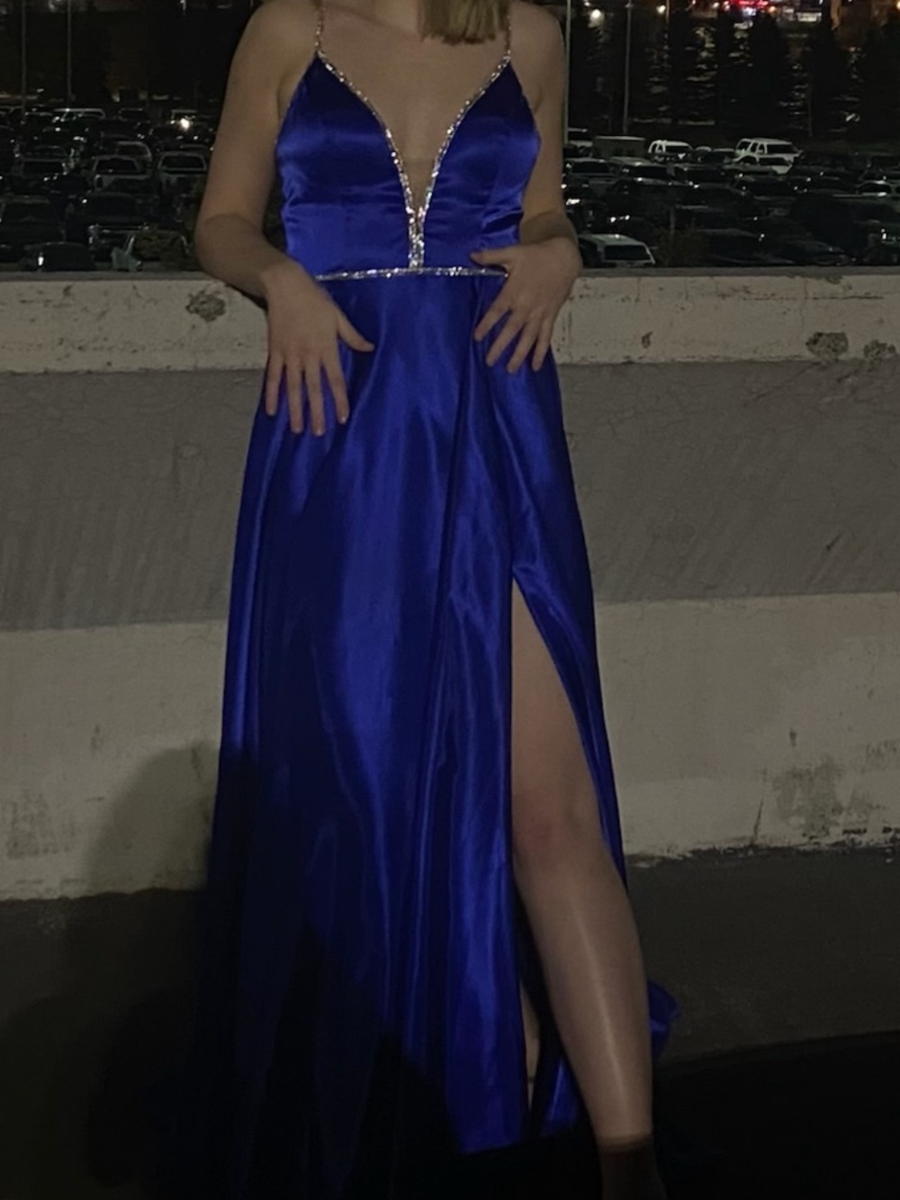 Elegant Royal Blue Satin Evening Gown with Rhinestone Trim